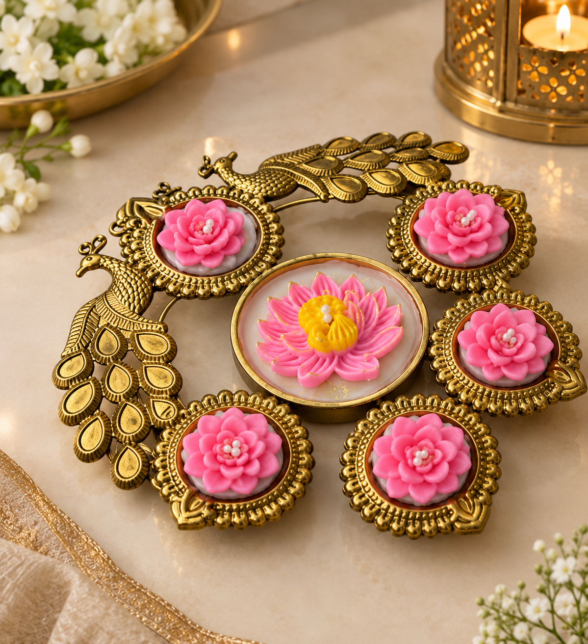 Premium Peacock Pink Lotus Diya Set For Diwali