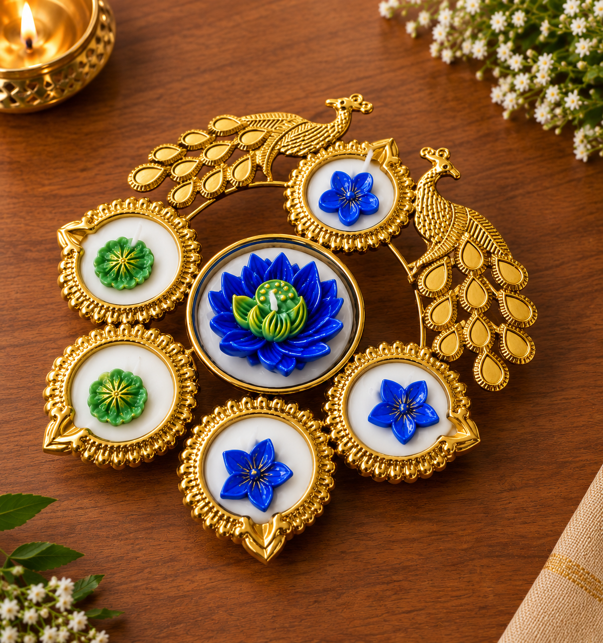 Premium Peacock Blue Lotus Diya Set For Diwali