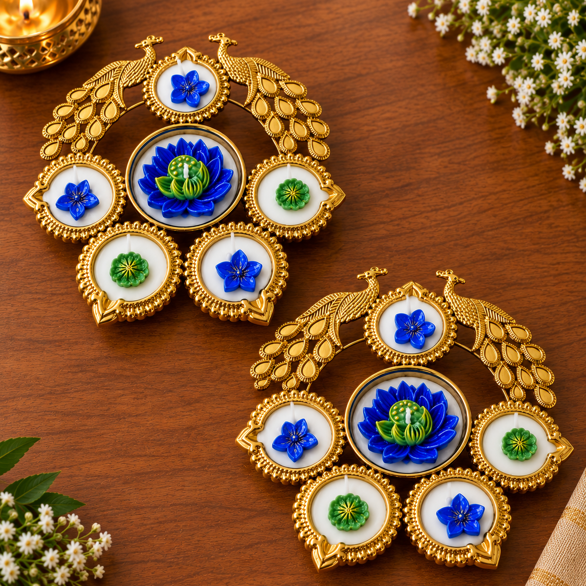 Premium Peacock Blue Lotus Diya Set For Diwali