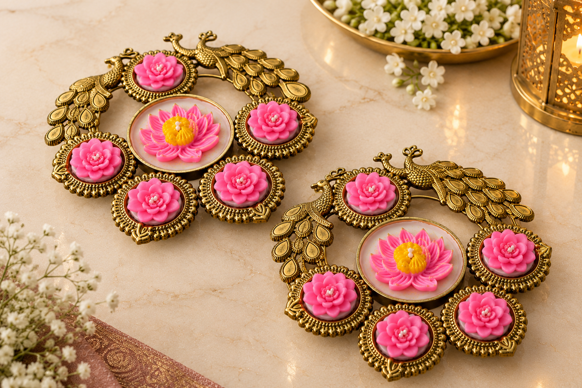 Premium Peacock Pink Lotus Diya Set For Diwali