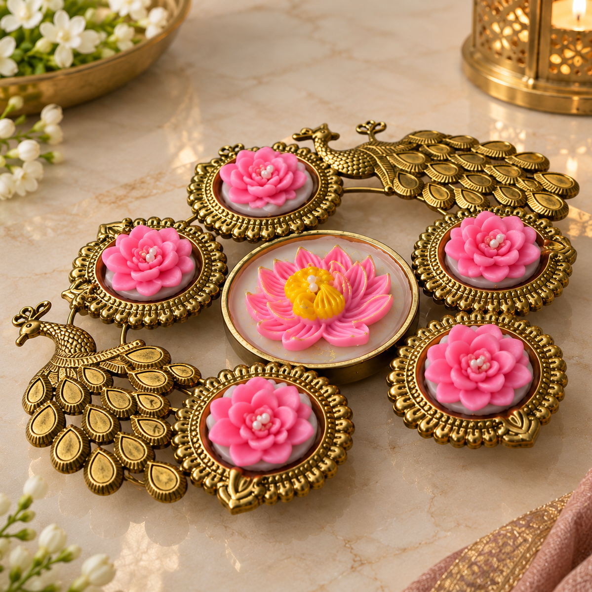 Premium Peacock Pink Lotus Diya Set For Diwali