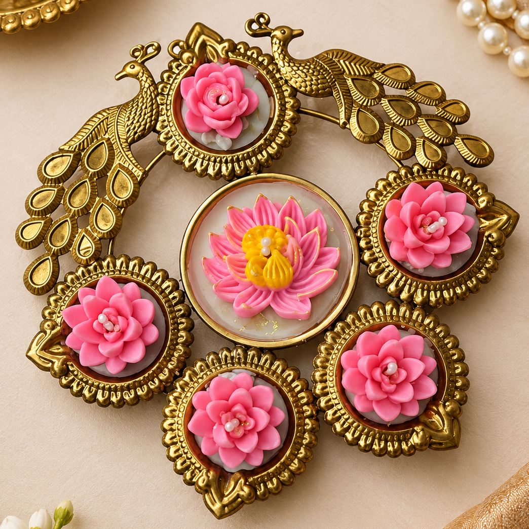 Premium Peacock Pink Lotus Diya Set For Diwali