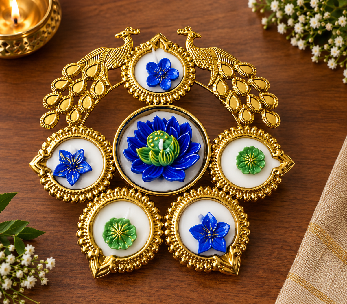 Premium Peacock Blue Lotus Diya Set For Diwali