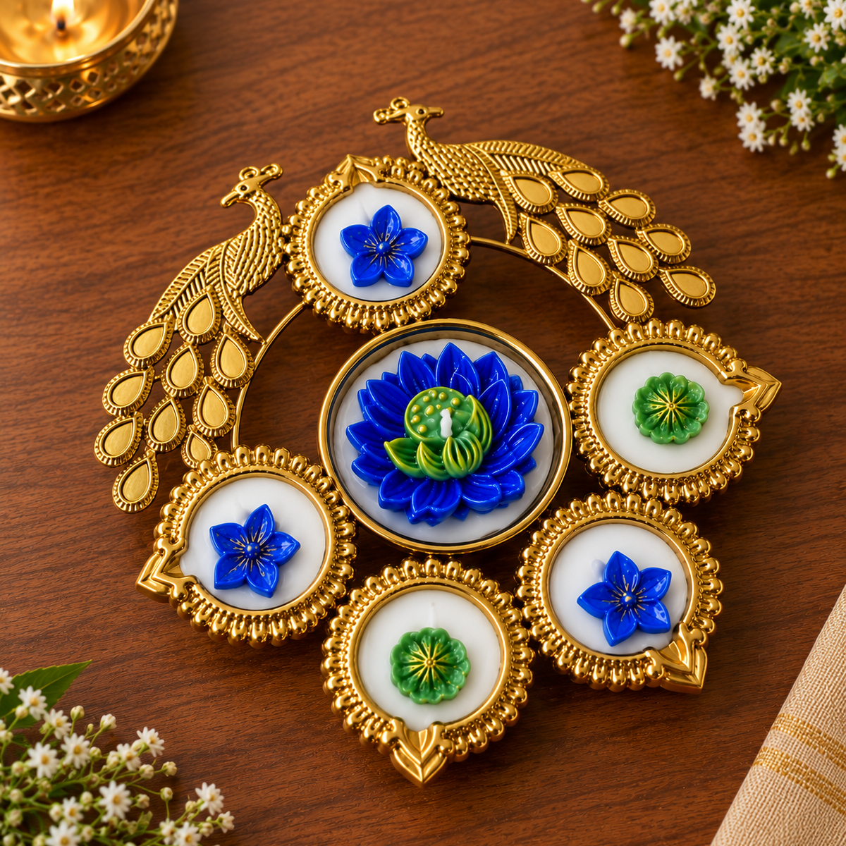 Premium Peacock Blue Lotus Diya Set For Diwali